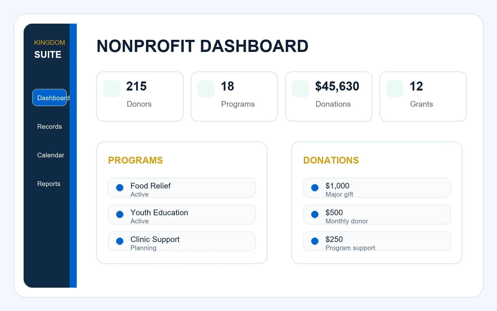Nonprofit Management software preview showing Constituent CRM, Donors and donations, Programs and outcomes