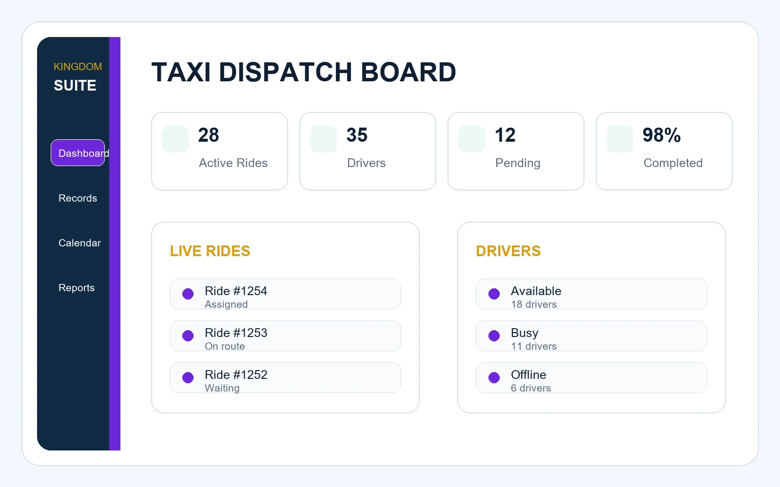 Taxi Dispatch software preview showing Bookings, Dispatch board, Drivers