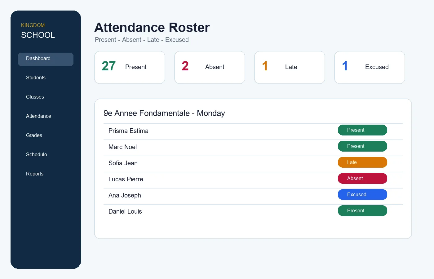 Attendance roster with present, absent, late and excused counts