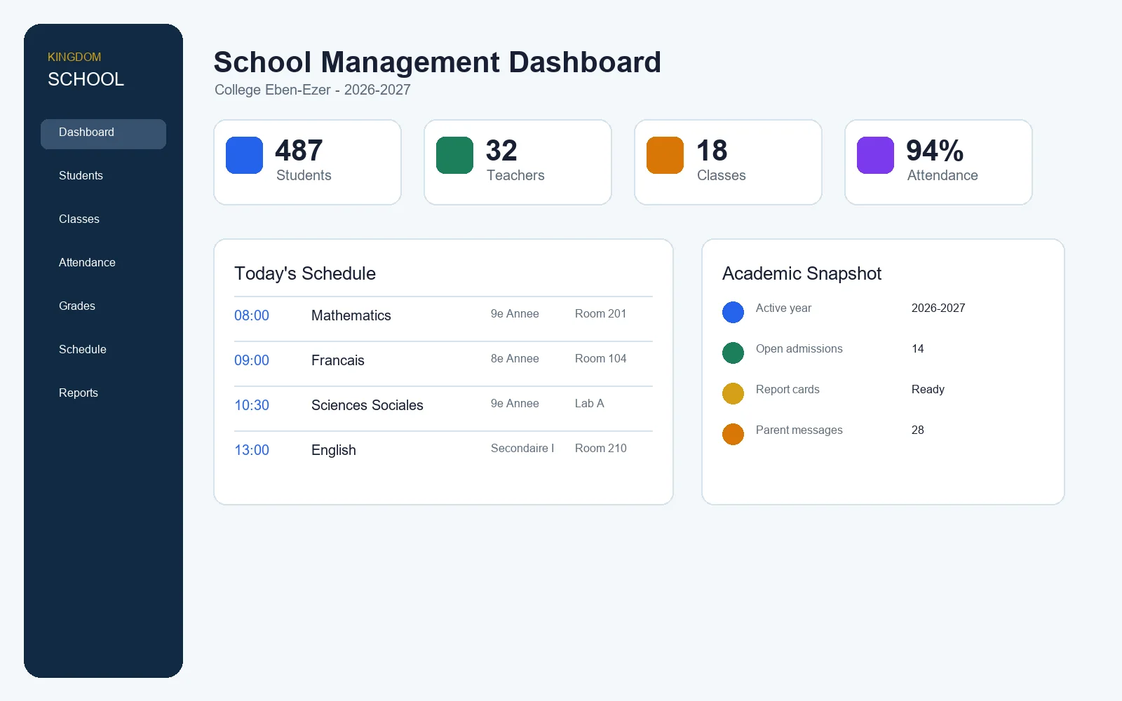 School Management dashboard preview