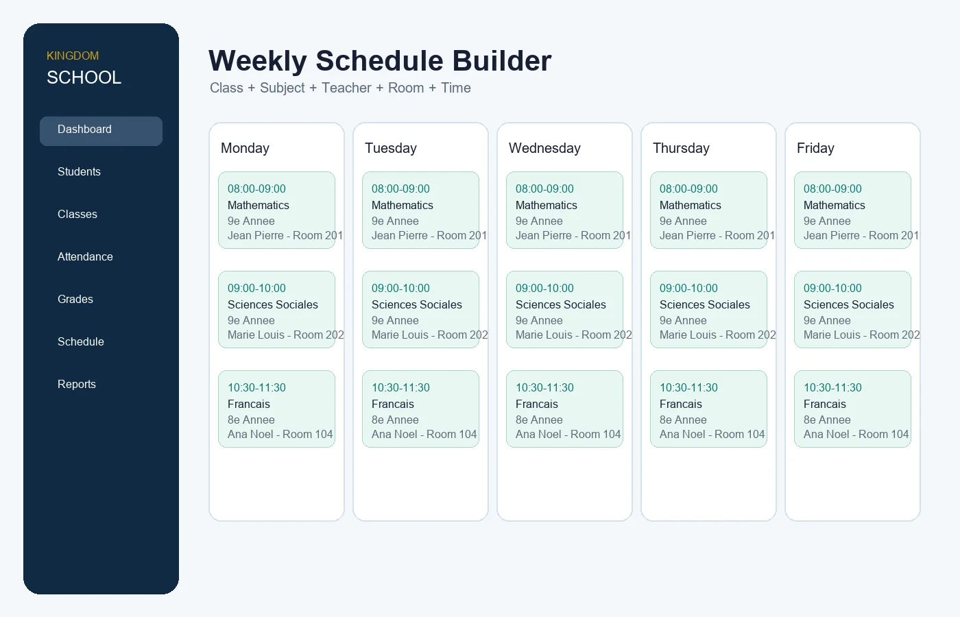 Weekly school schedule with class, subject, teacher, room and time