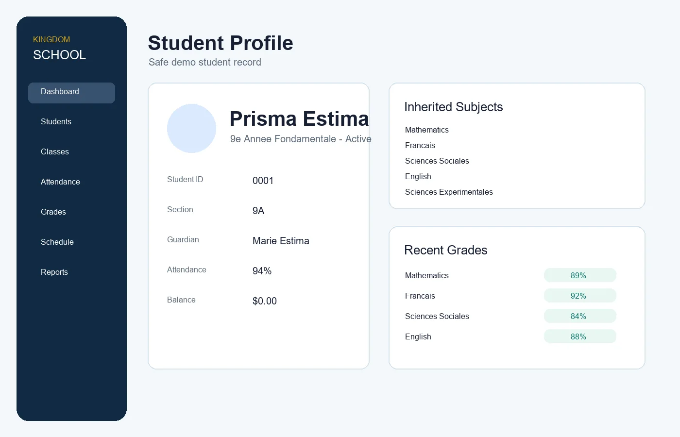 Student profile with class, subjects, attendance and recent grades